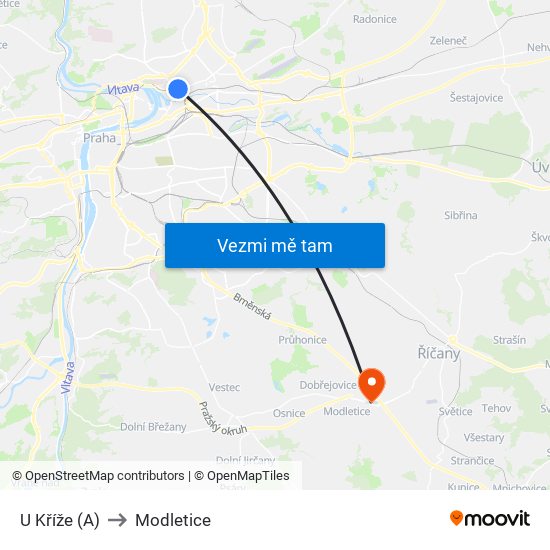 U Kříže (A) to Modletice map