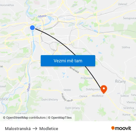 Malostranská to Modletice map