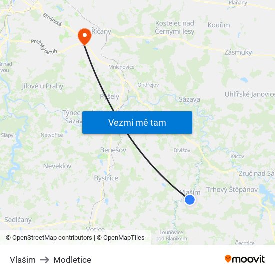 Vlašim to Modletice map