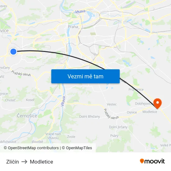 Zličín to Modletice map