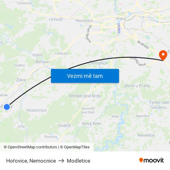 Hořovice, Nemocnice to Modletice map