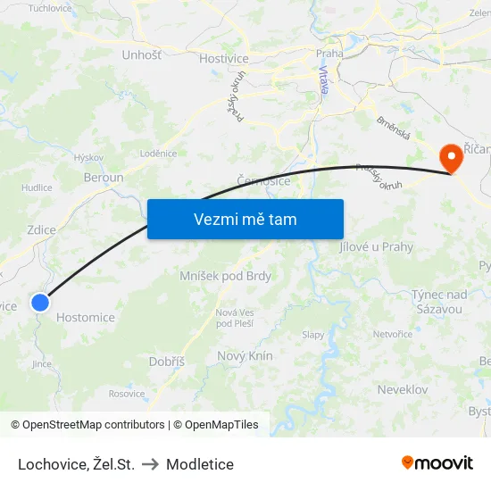 Lochovice, Žel.St. to Modletice map