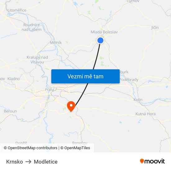 Krnsko to Modletice map