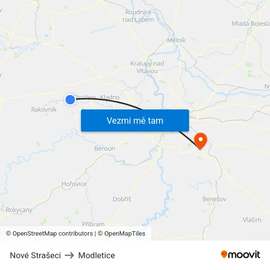 Nové Strašecí to Modletice map