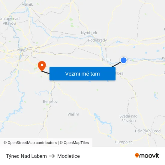 Týnec Nad Labem to Modletice map