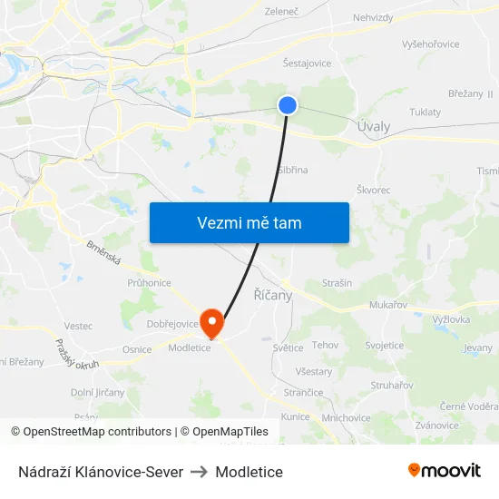 Nádraží Klánovice-Sever to Modletice map