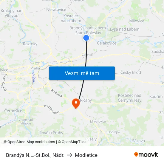 Brandýs N.L.-St.Bol., Nádr. to Modletice map
