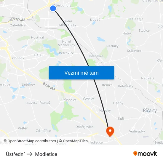Ústřední to Modletice map