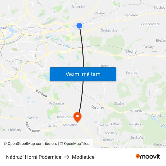 Nádraží Horní Počernice to Modletice map