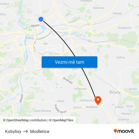 Kobylisy to Modletice map