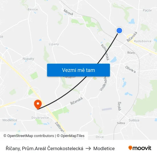 Říčany, Prům.Areál Černokostelecká to Modletice map