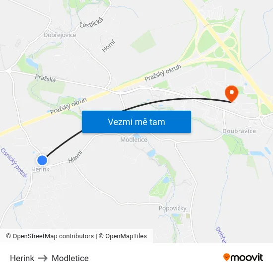 Herink to Modletice map