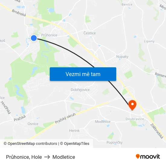 Průhonice, Hole to Modletice map