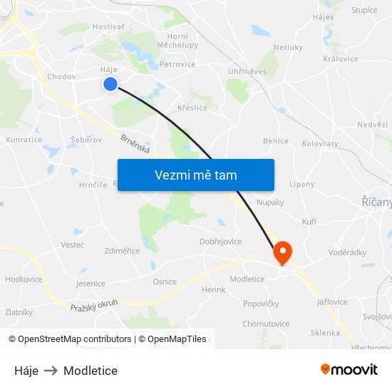Háje to Modletice map