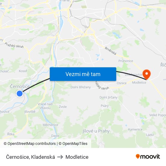 Černošice, Kladenská to Modletice map