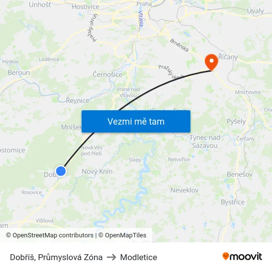 Dobříš, Průmyslová Zóna to Modletice map