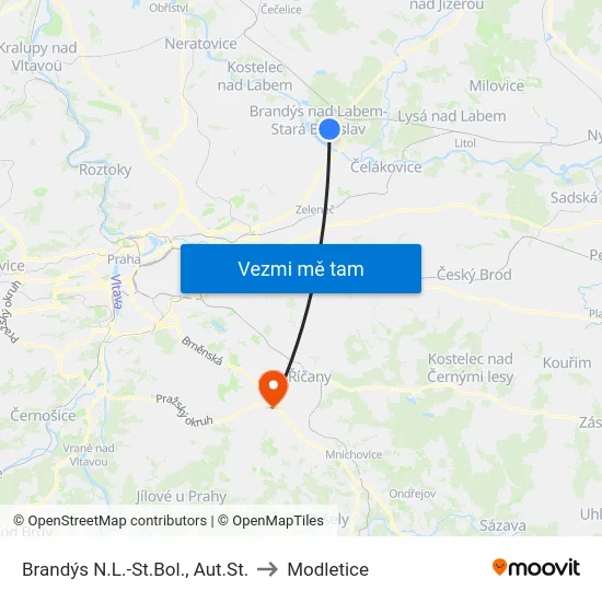 Brandýs N.L.-St.Bol., Aut.St. to Modletice map