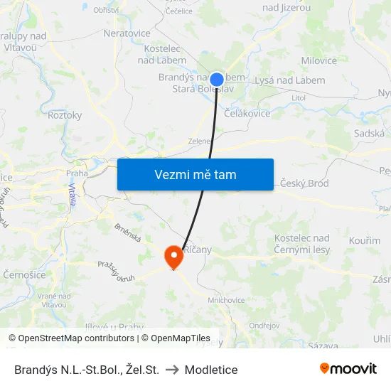 Brandýs N.L.-St.Bol., Žel.St. to Modletice map