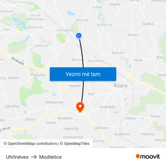 Uhříněves to Modletice map