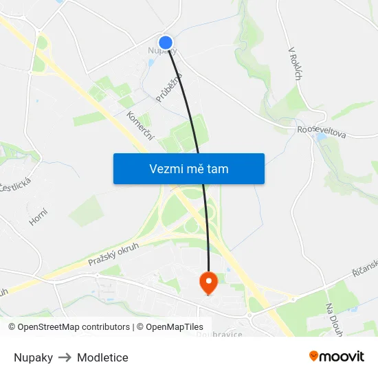 Nupaky to Modletice map