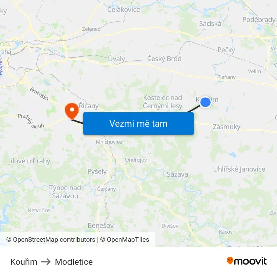 Kouřim to Modletice map