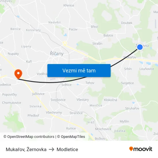 Mukařov, Žernovka to Modletice map