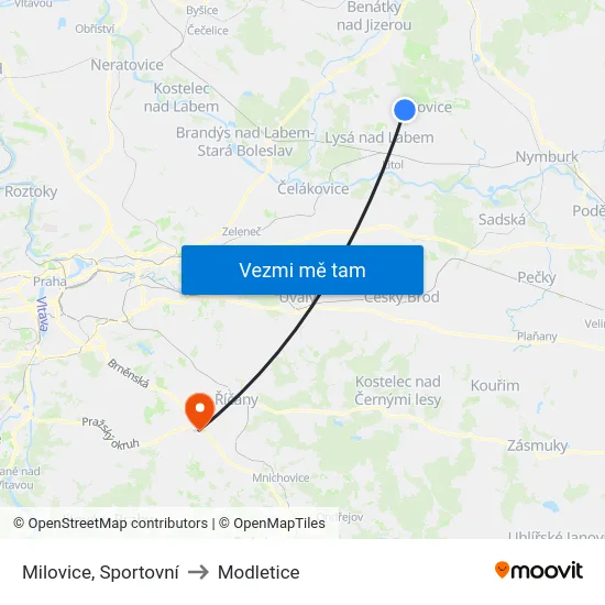 Milovice, Sportovní to Modletice map