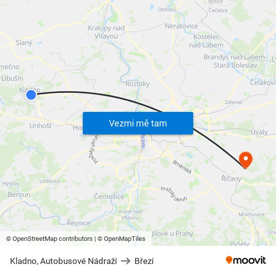 Kladno, Autobusové Nádraží to Březí map