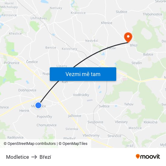 Modletice to Březí map