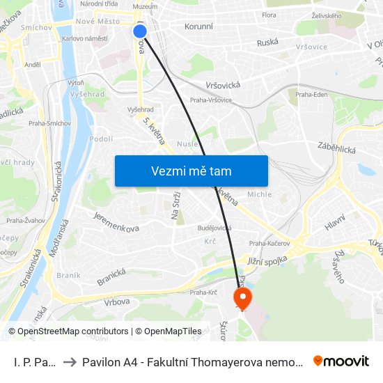 I. P. Pavlova to Pavilon A4 - Fakultní Thomayerova nemocnice s poliklinikou map