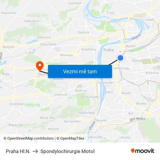 Praha Hl.N. to Spondylochirurgie Motol map