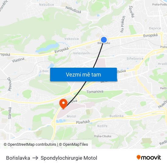 Bořislavka to Spondylochirurgie Motol map