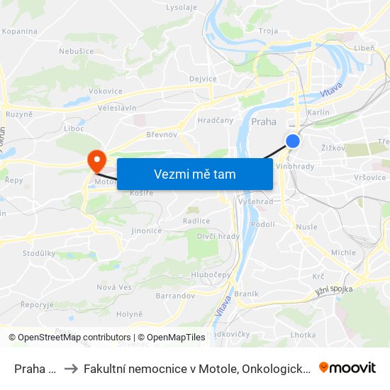 Praha Hl.N. to Fakultní nemocnice v Motole, Onkologická klinika 2. LF UK map