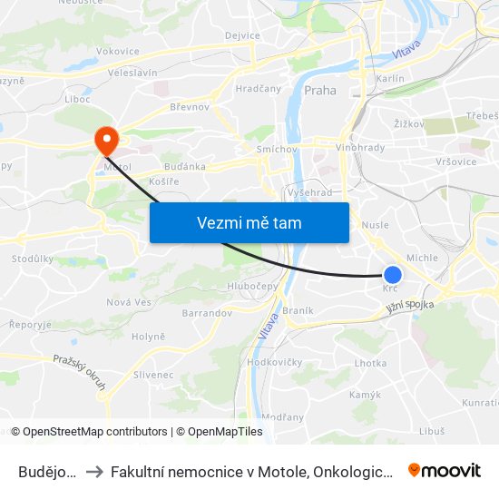 Budějovická to Fakultní nemocnice v Motole, Onkologická klinika 2. LF UK map