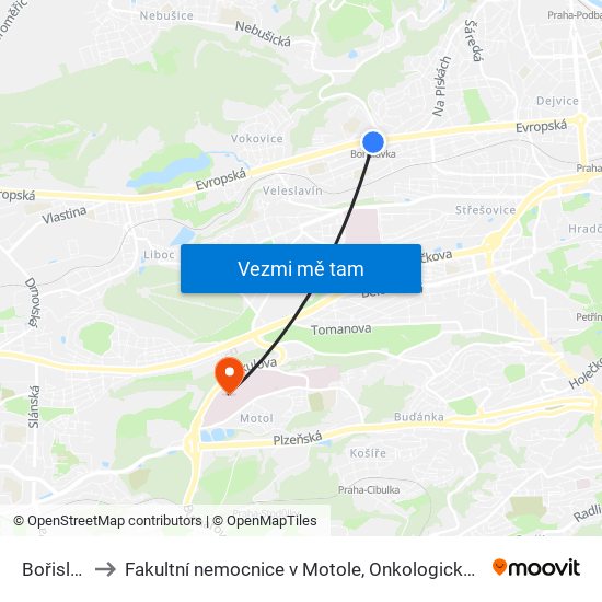 Bořislavka to Fakultní nemocnice v Motole, Onkologická klinika 2. LF UK map