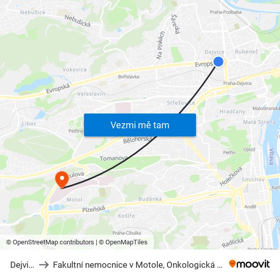 Dejvická to Fakultní nemocnice v Motole, Onkologická klinika 2. LF UK map