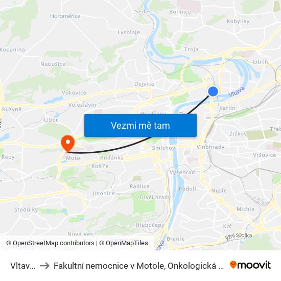 Vltavská to Fakultní nemocnice v Motole, Onkologická klinika 2. LF UK map