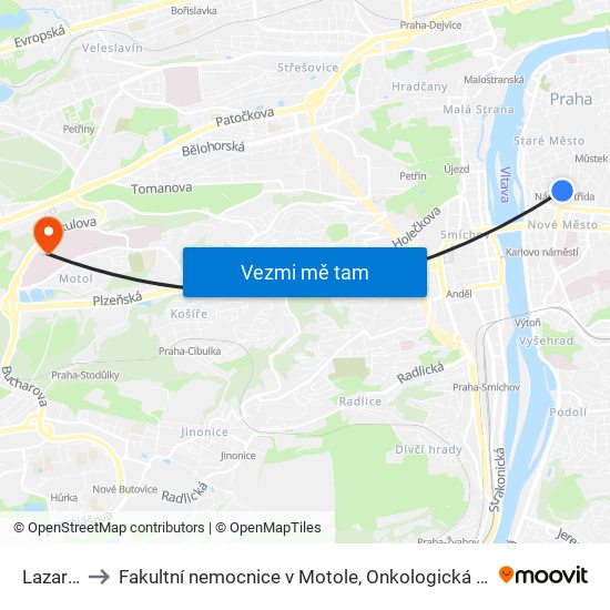 Lazarská to Fakultní nemocnice v Motole, Onkologická klinika 2. LF UK map