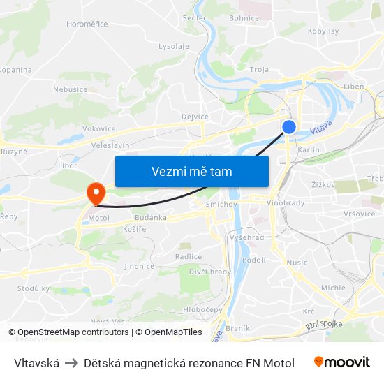 Vltavská to Dětská magnetická rezonance FN Motol map