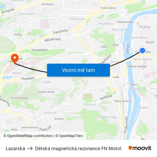 Lazarská to Dětská magnetická rezonance FN Motol map