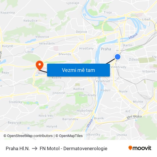 Praha Hl.N. to FN Motol - Dermatovenerologie map