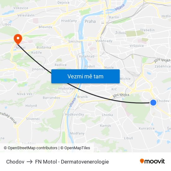 Chodov to FN Motol - Dermatovenerologie map