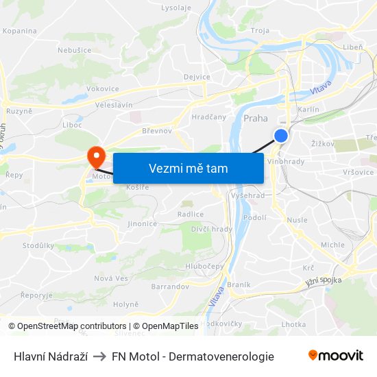 Hlavní Nádraží to FN Motol - Dermatovenerologie map