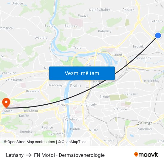 Letňany to FN Motol - Dermatovenerologie map