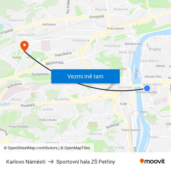 Karlovo Náměstí to Sportovní hala ZŠ Petřiny map