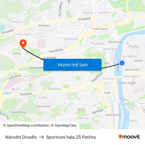 Národní Divadlo to Sportovní hala ZŠ Petřiny map