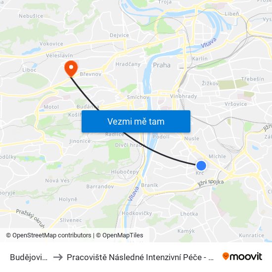 Budějovická to Pracoviště Následné Intenzivní Péče - Nip, Diop map