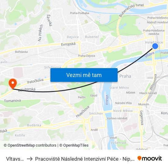 Vltavská to Pracoviště Následné Intenzivní Péče - Nip, Diop map