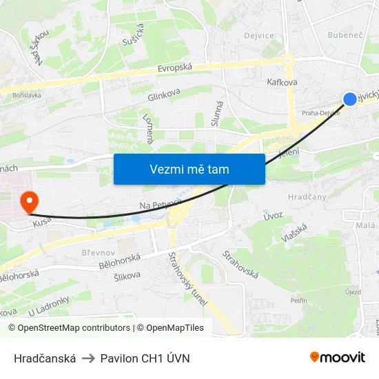 Hradčanská to Pavilon CH1 ÚVN map
