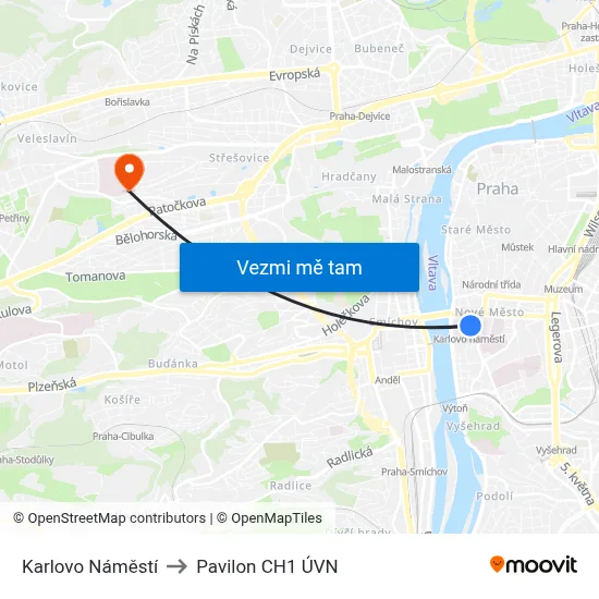Karlovo Náměstí to Pavilon CH1 ÚVN map